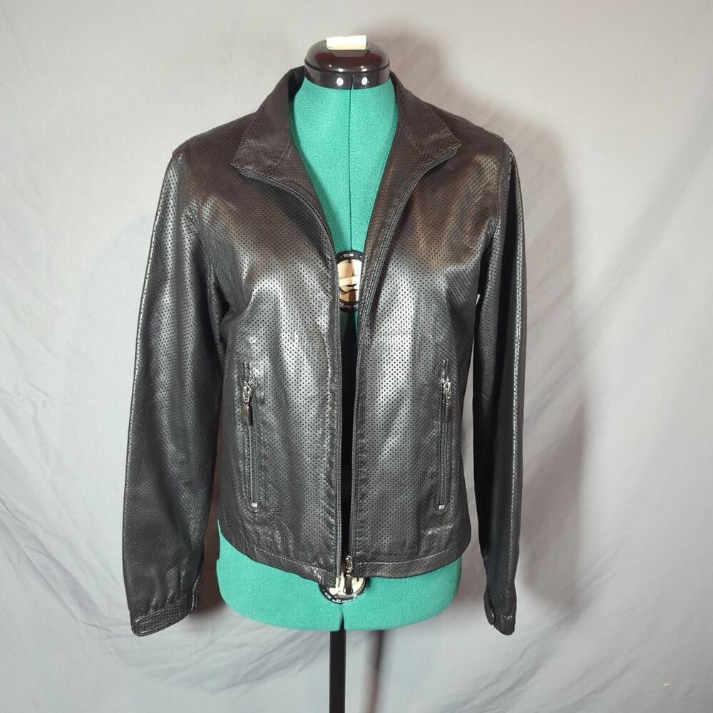 KUSHI Genuine Leather Perforated Zip Jacket Black Small